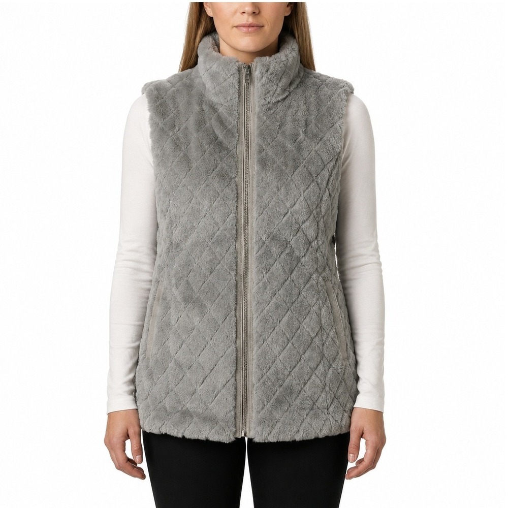 Carmen Marc Valvo‎ Faux Fur Vest Women 1X Gray Quilted Zip Up Stand Collar
